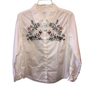 Westport Womens Petite Size XL White Flower Embroidered Button Down Blouse Top